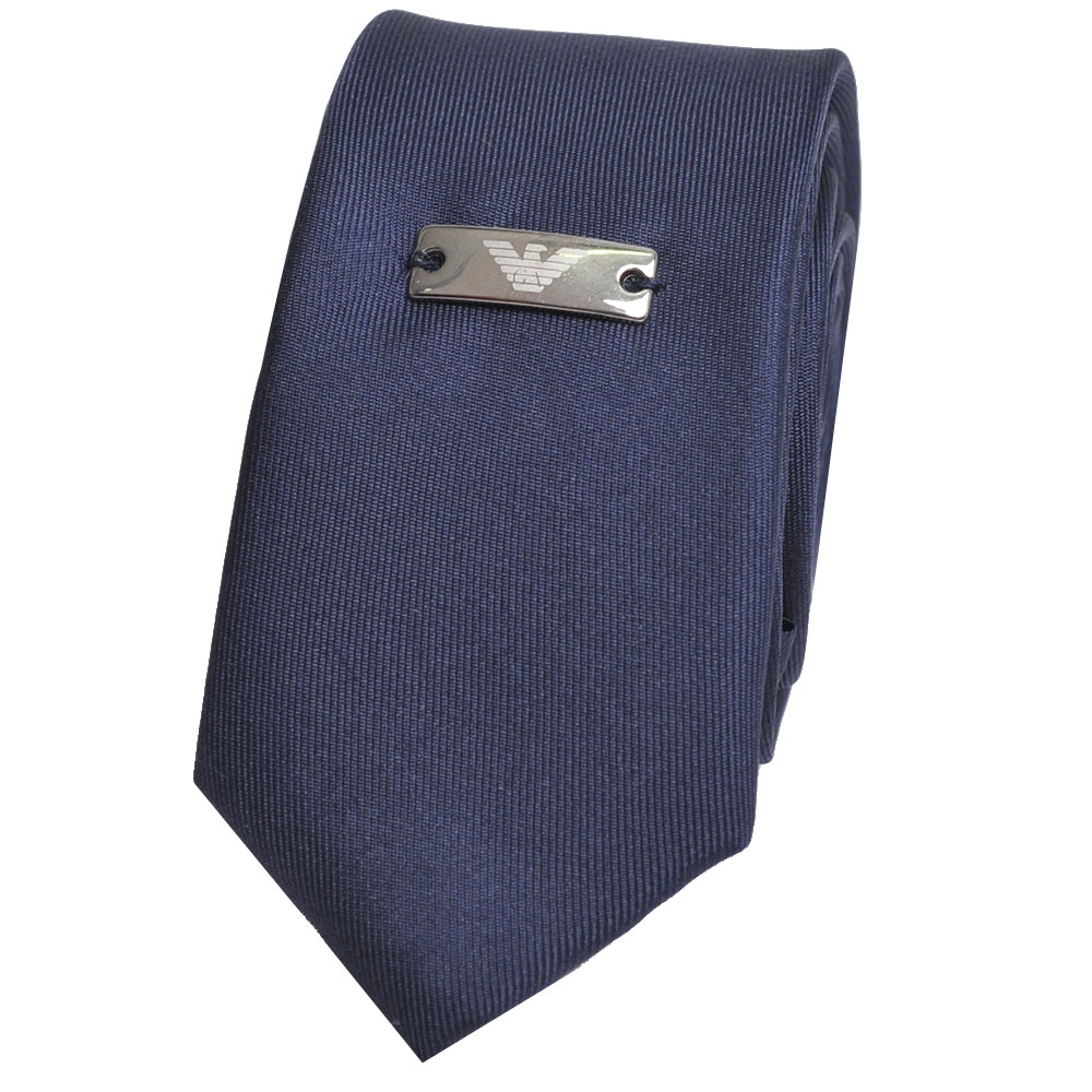EMPORIO ARMANI 義大利製經典金屬徽章LOGO圖騰絲質窄版領帶(海軍藍)