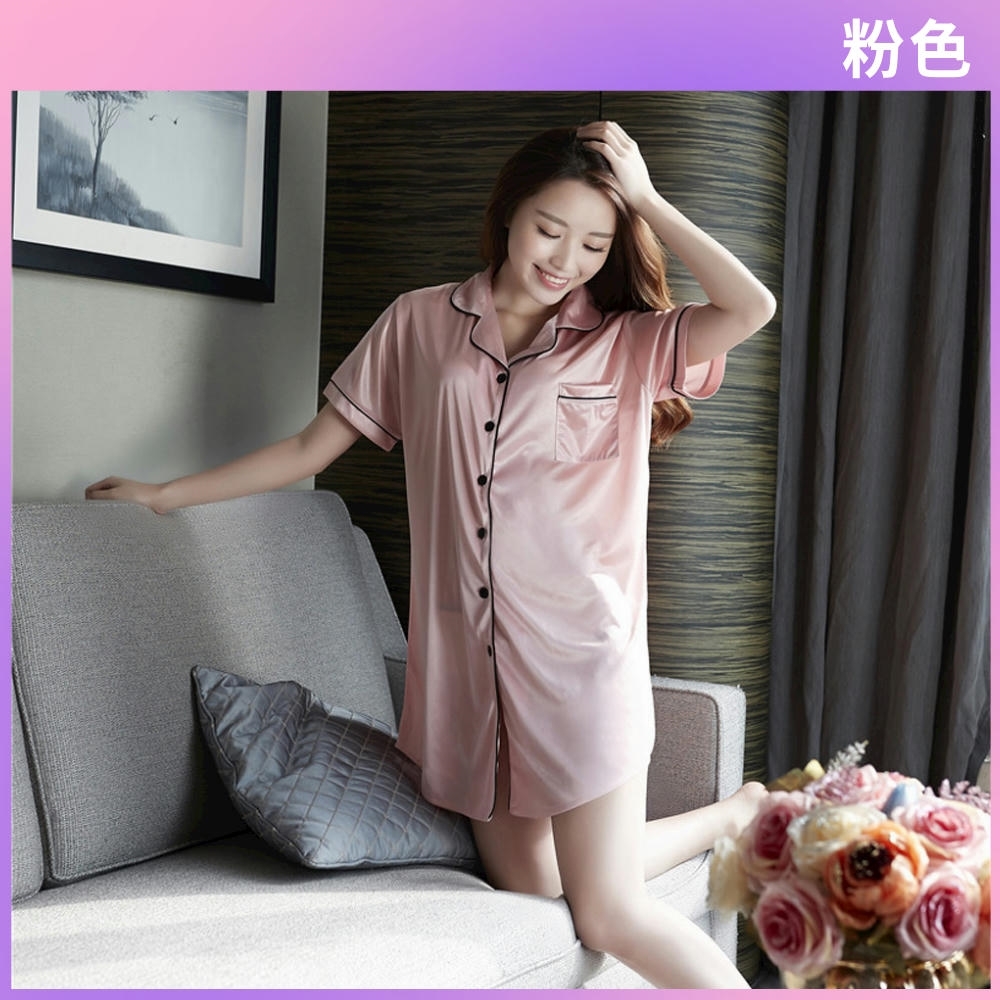 I.Dear-韓系清新居家風純色冰絲仿絲綢短袖長版連身睡衣(3色) (NE115粉色)
