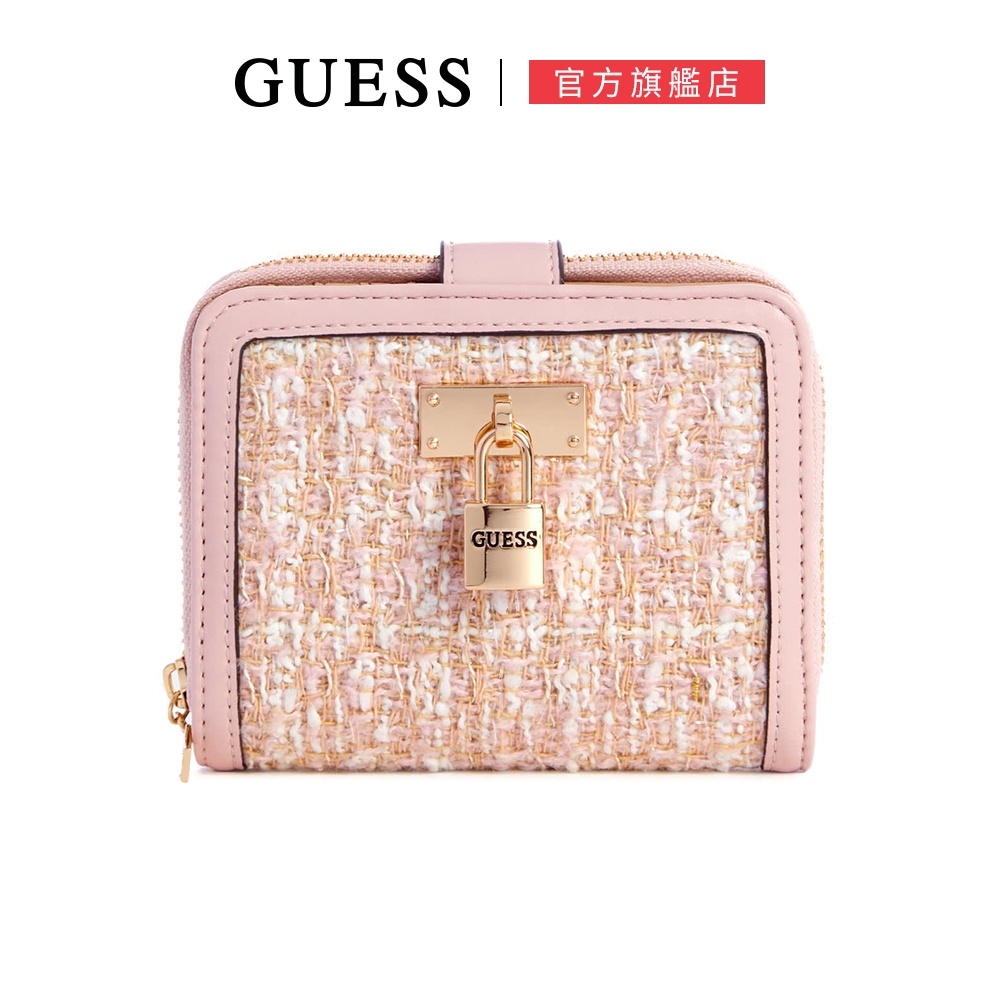 【GUESS】毛呢拼接皮革金屬扣短夾-粉