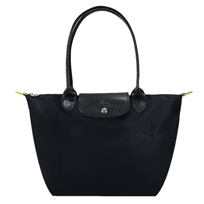 LONGCHAMP LE PLIAGE GREEN系列刺繡長把再生尼龍摺疊水餃包(中/黑)