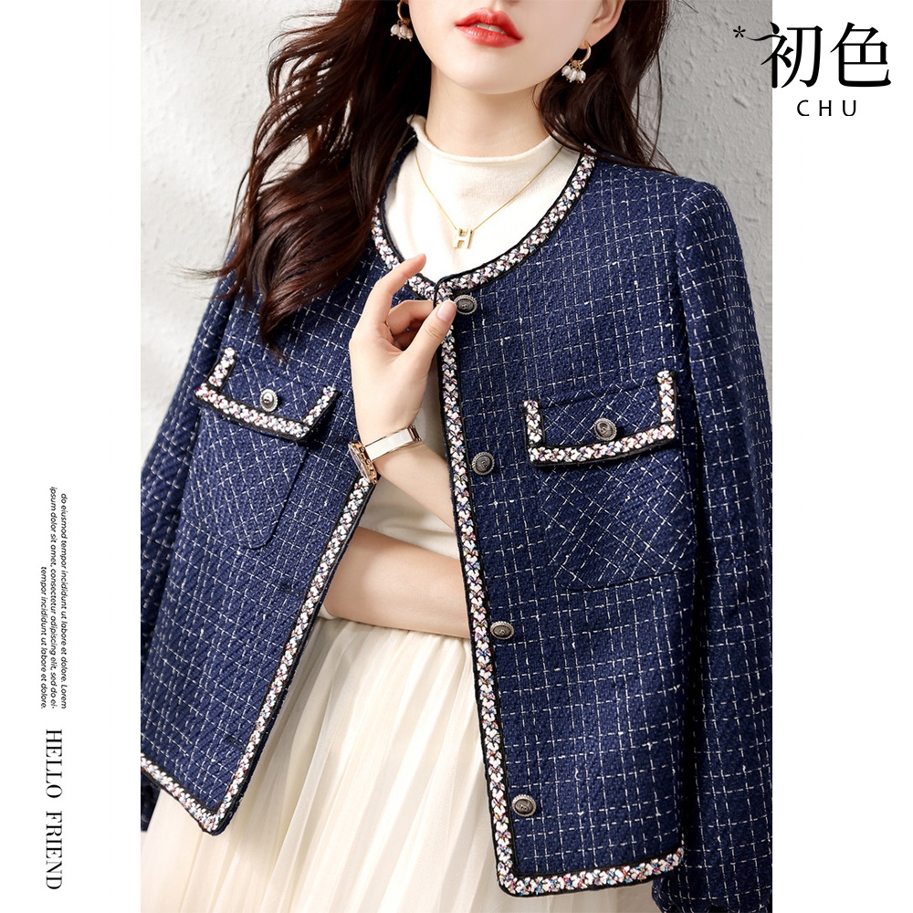 初色  韓系經典格紋燈籠袖格子外套-藍色-64110(M-2XL可選)