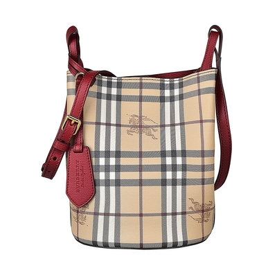 BURBERRY Haymarket印花LOGO格紋塗層帆布扣式斜背水桶包(展示品/米格紋x紅)