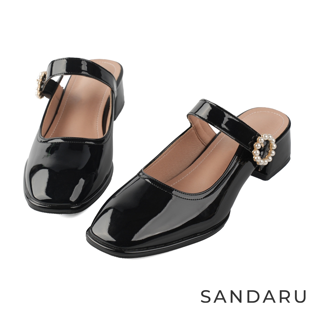 山打努SANDARU-穆勒鞋 珍珠釦飾真皮瑪莉珍跟鞋-黑
