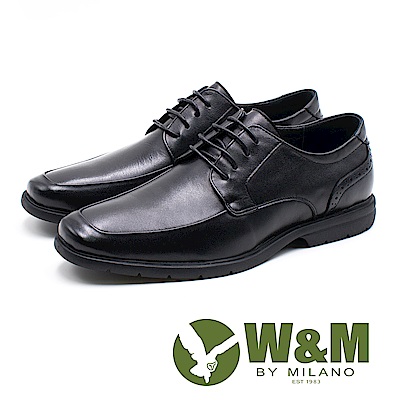 W&M 低調壓紋方頭紳士綁帶男皮鞋-黑