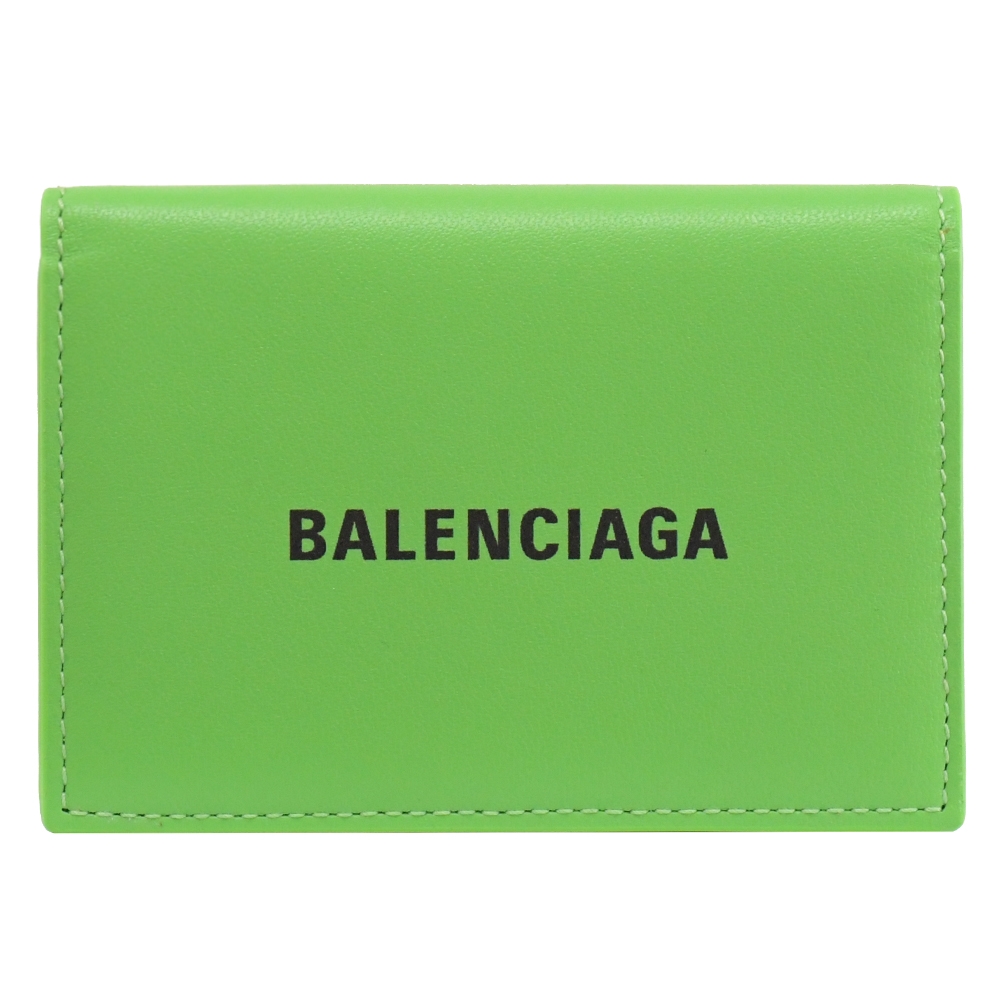 BALENCIAGA 簡約LOGO小牛皮三折式零錢短夾(綠)