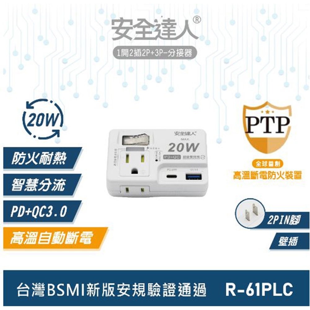 安全達人 1開2插3P PD 20W+QC3.0 USB超級閃充分接器（壁插） R-61PLC