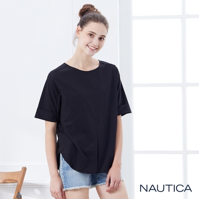 Nautica 女裝 異材質拼接七分袖上衣-黑色