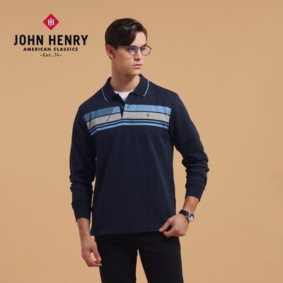 JOHN HENRY 撞色斜紋圖樣長袖POLO衫-二色選