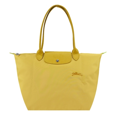 LONGCHAMP LE PLIAGE GREEN系列刺繡長把再生尼龍摺疊水餃包(大/粉黃)