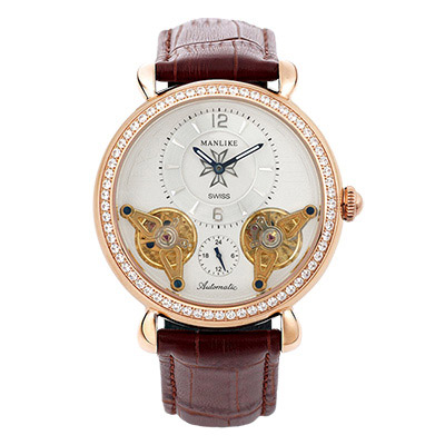 Manlike 曼莉萊克 奢華噴射雙渦輪機械錶 玫瑰金色 咖啡皮帶