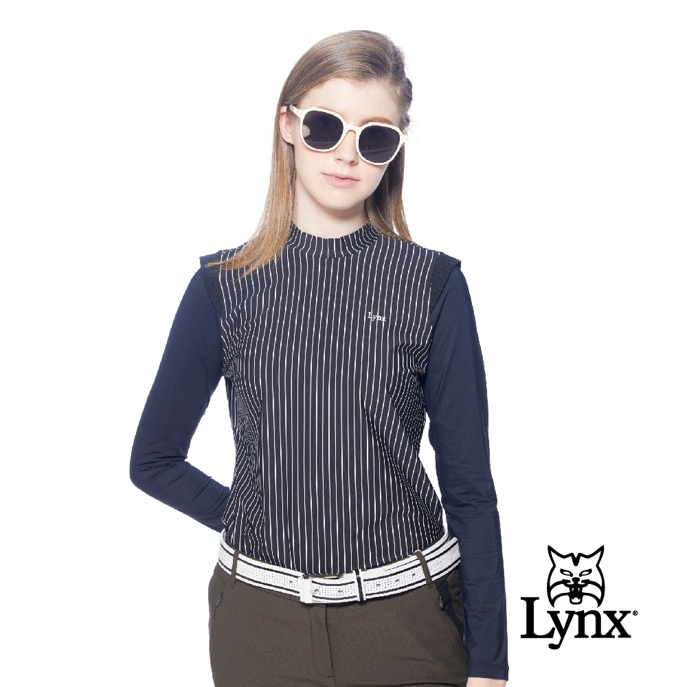 【Lynx Golf】korea女款假兩件式經典直條紋路長袖POLO衫/高爾夫球衫-黑色
