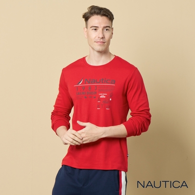 Nautica 男裝 品牌LOGO印花長袖T恤-紅