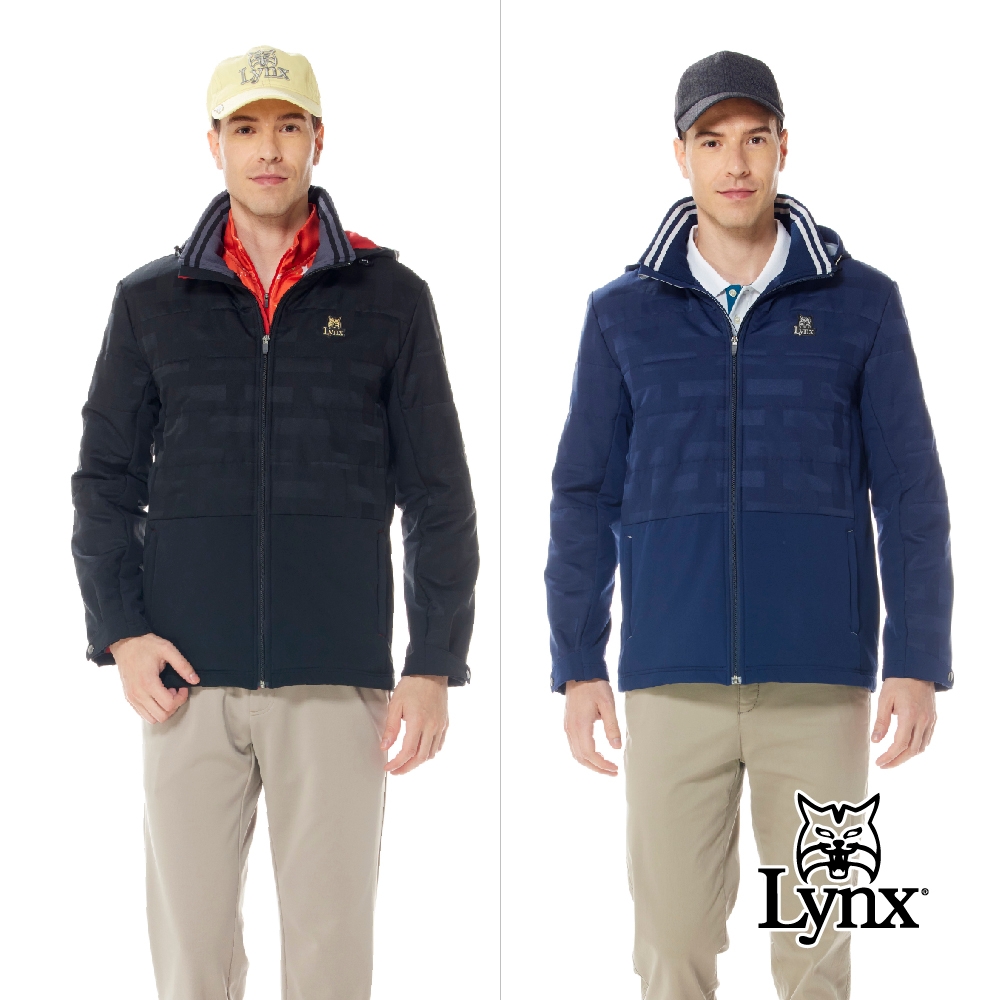 【Lynx Golf】男款防風防潑水鋪棉保暖緹織配布剪裁後背印花設計長袖可拆式連帽外套(二色)