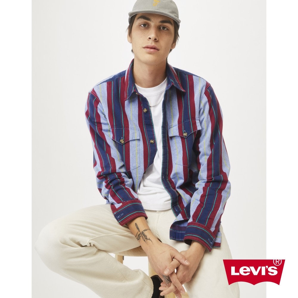 Levis 男款 工裝牛仔襯衫 / 精工條紋拼接工藝 / 三色拼接