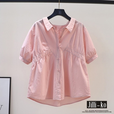 JILLI-KO 夏季減齡設計感泡泡袖襯衫- 粉/藍