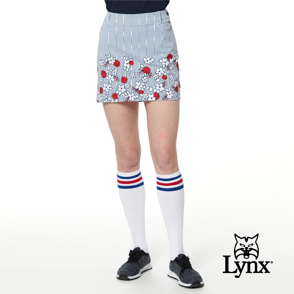 【Lynx Golf】Korea 女款直條紋路花卉印花休閒短裙-藍色