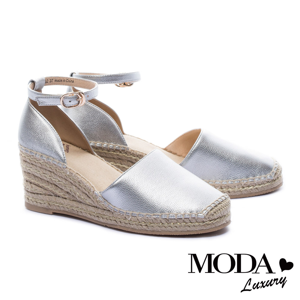 涼鞋 MODA Luxury 清新渡假風繫帶草編楔型涼鞋－銀