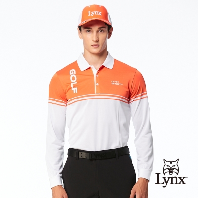 【Lynx Golf】男款網眼材質半身配色Lynx Sporty字樣印花長袖POLO衫-橘色