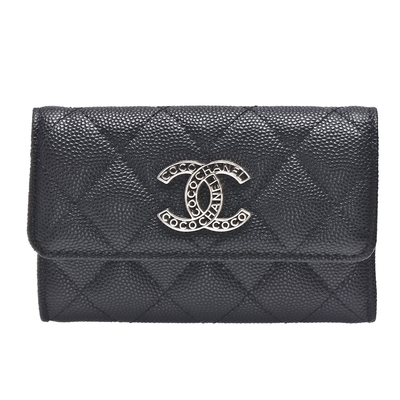 CHANEL 經典菱格粒紋牛皮品牌雙C LOGO暗釦卡夾/零錢包(黑色)