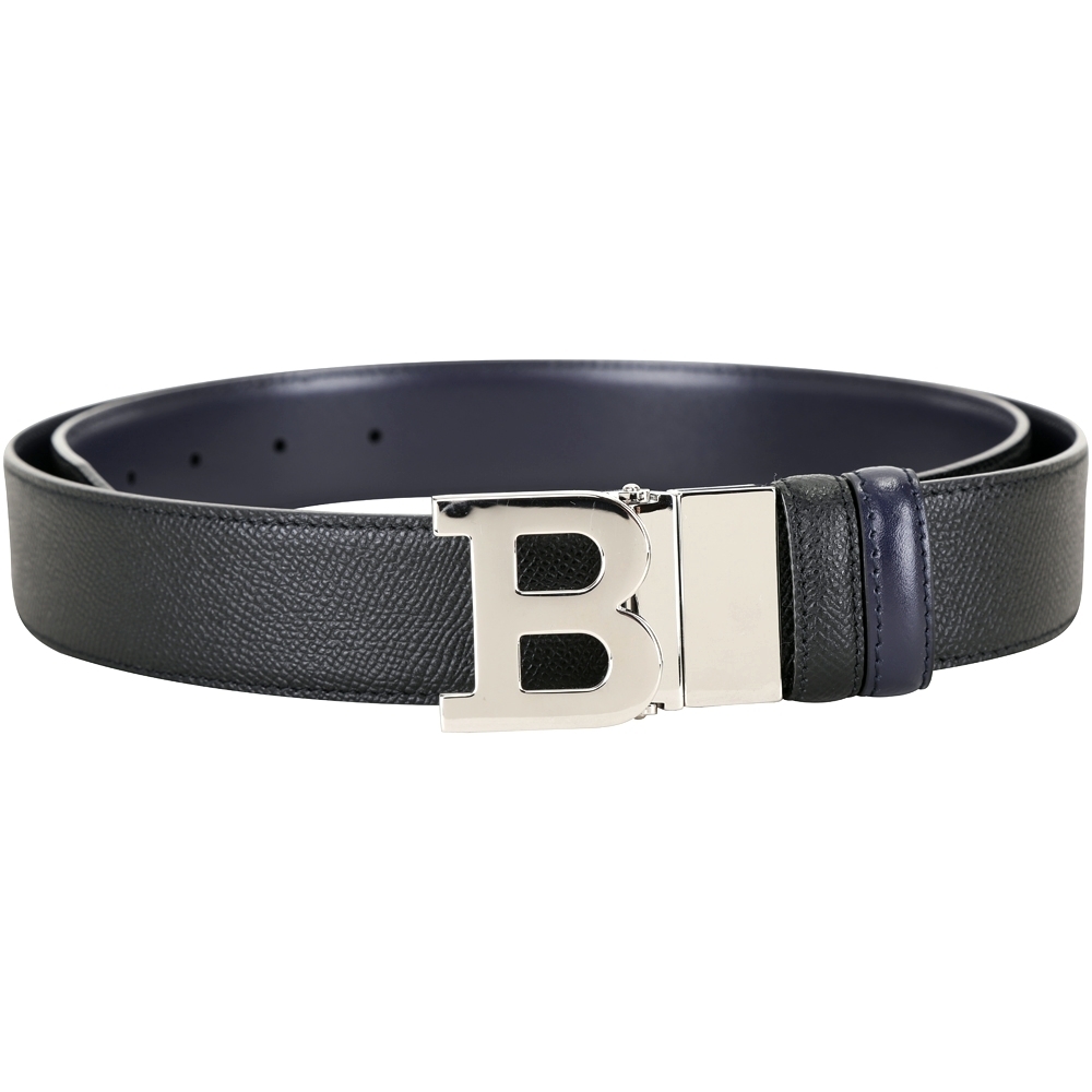 BALLY B BUCKLE 可翻轉字母金屬釦雙面用皮帶(黑x深藍)