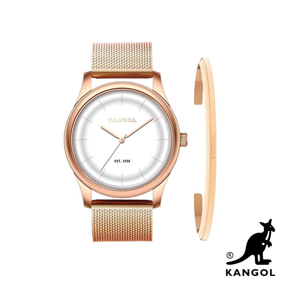 【KANGOL】1+1限量禮盒組！弧形流線時尚腕錶+簡約Logo手環 - 金帶金框 KG71238