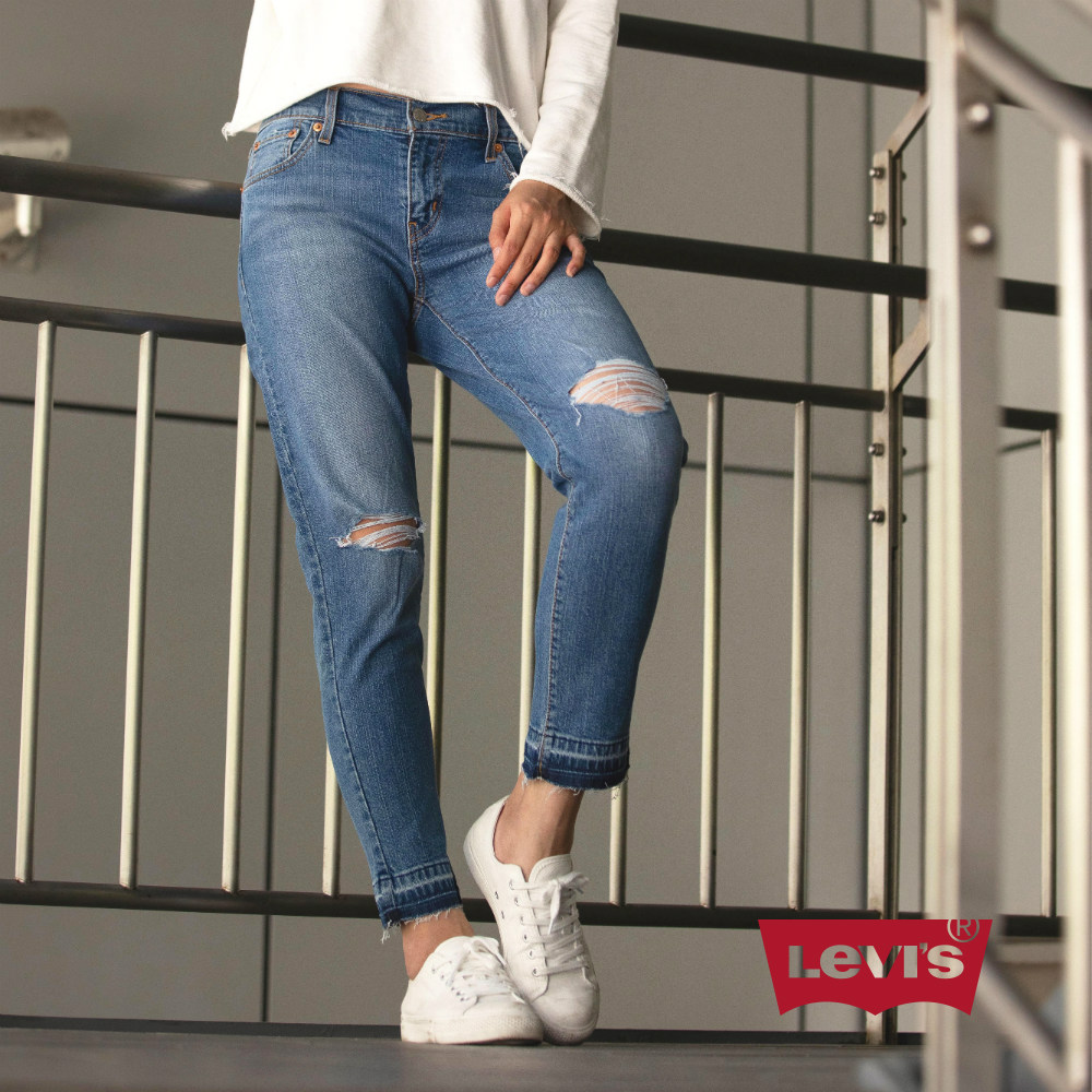 Levis 女款 中腰修身窄管牛仔長褲 刷破