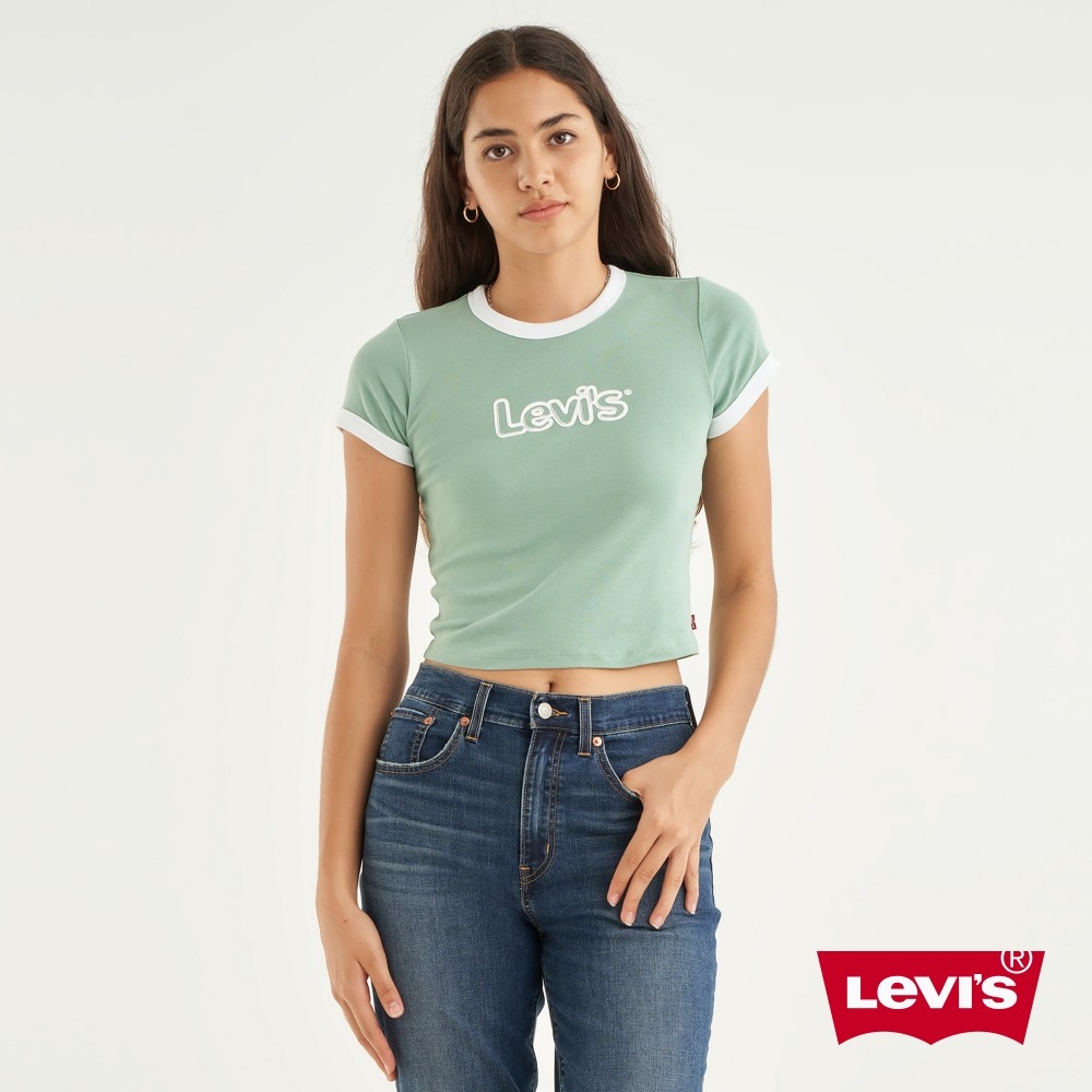 Levis 女款 復古滾邊短版T恤 / 修身版型 / LOGO泡泡 / 粉粉綠