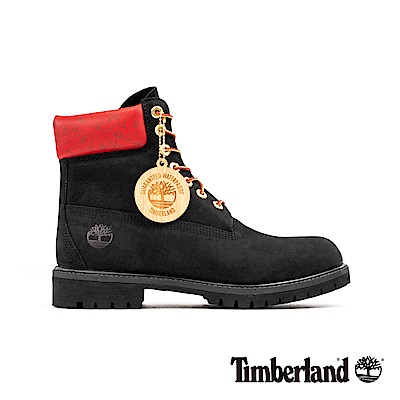 Timberland 男款黑色磨砂革圖騰紅領經典6吋靴|A244D