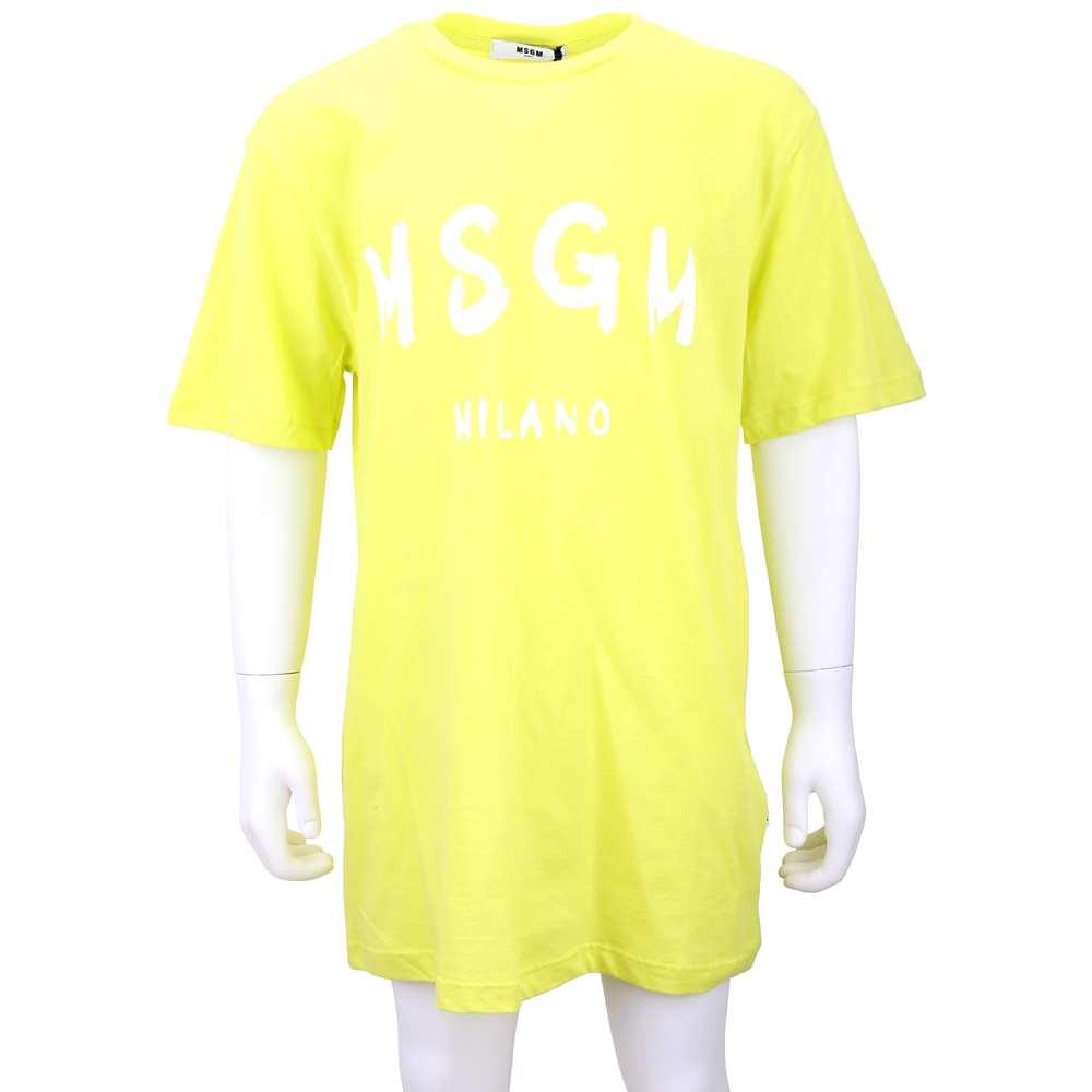 MSGM 童裝 油漆塗鴉白字母純棉螢光黃色短袖TEE T恤