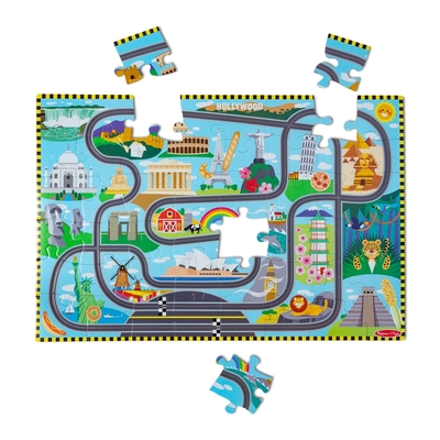 【Melissa & Doug 瑪莉莎】環球賽車軌道地板拼圖, 48pcs｜含發條車2入