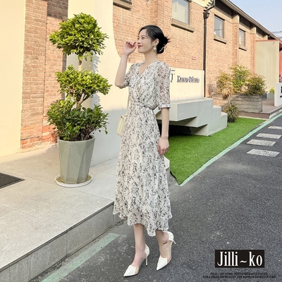 JILLI-KO 法式復古碎花雪紡縮腰V領短袖洋裝- 白色