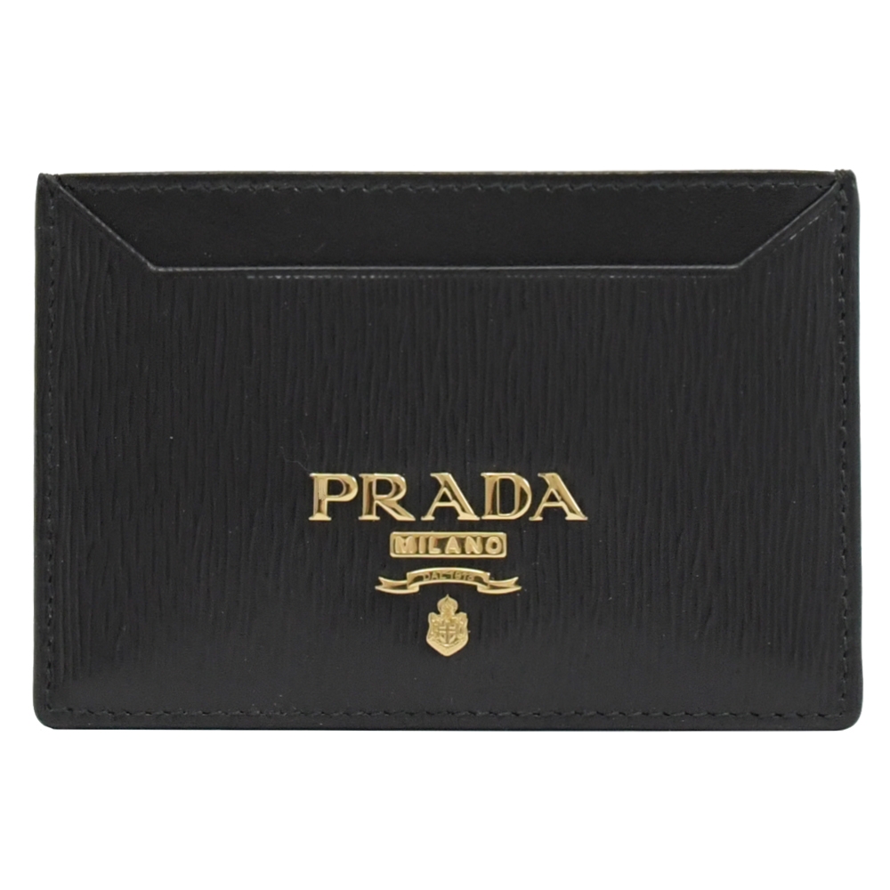 PRADA 金屬LOGO水波紋簡易卡片名片夾(黑)