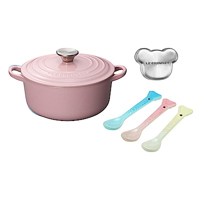 LE CREUSET 琺瑯鑄鐵圓鍋14cm+嬰兒小熊湯匙組3入+小熊鋼頭-雪紡粉