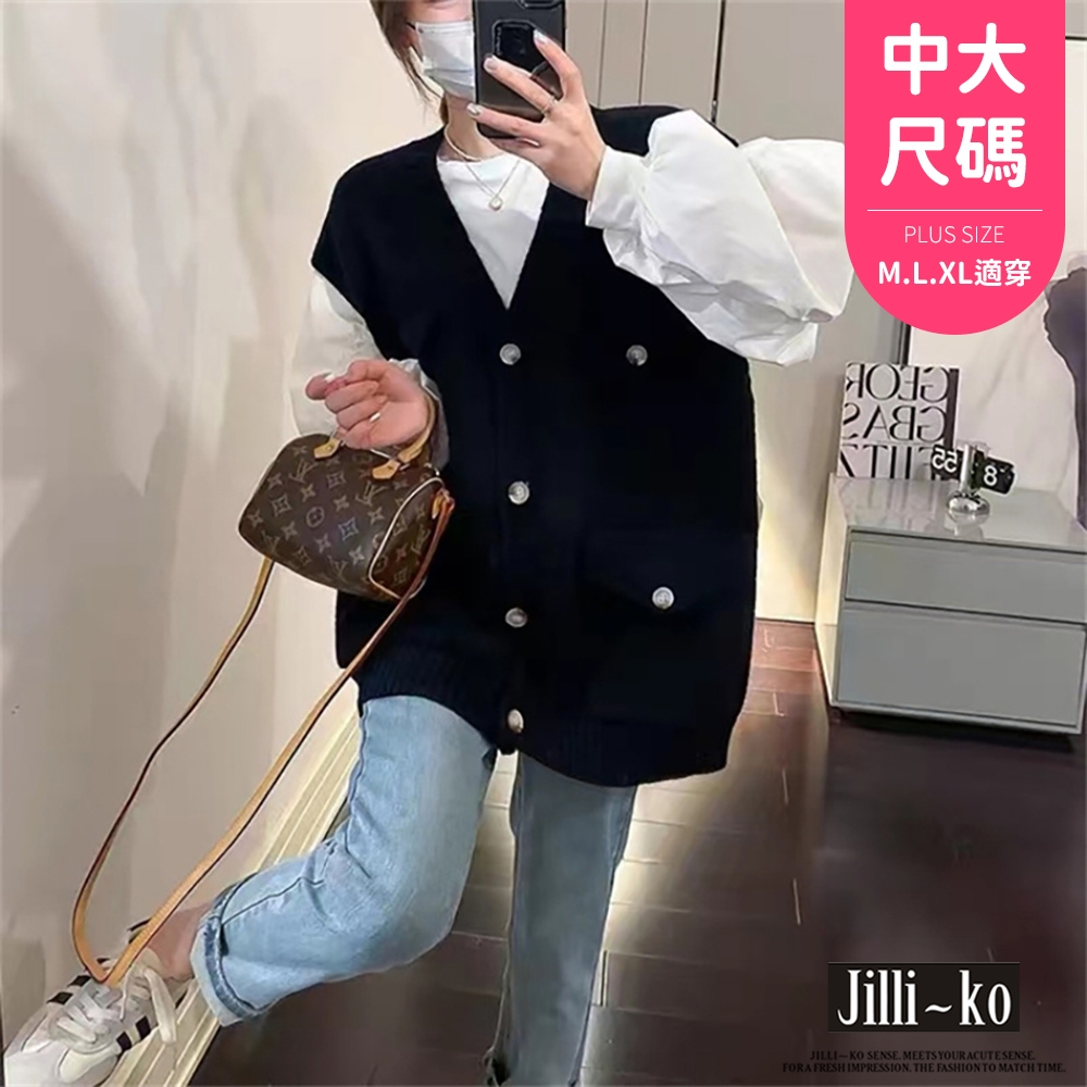 JILLI-KO V領針織時尚疊穿寬鬆馬甲外套背心女中大碼- 黑/淺卡