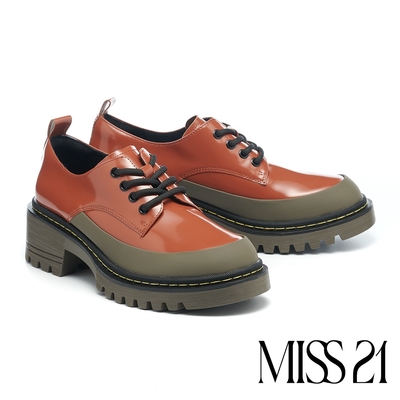 厚底鞋 MISS 21 率性復古開邊珠牛皮撞色拼接綁帶厚底鞋－棕