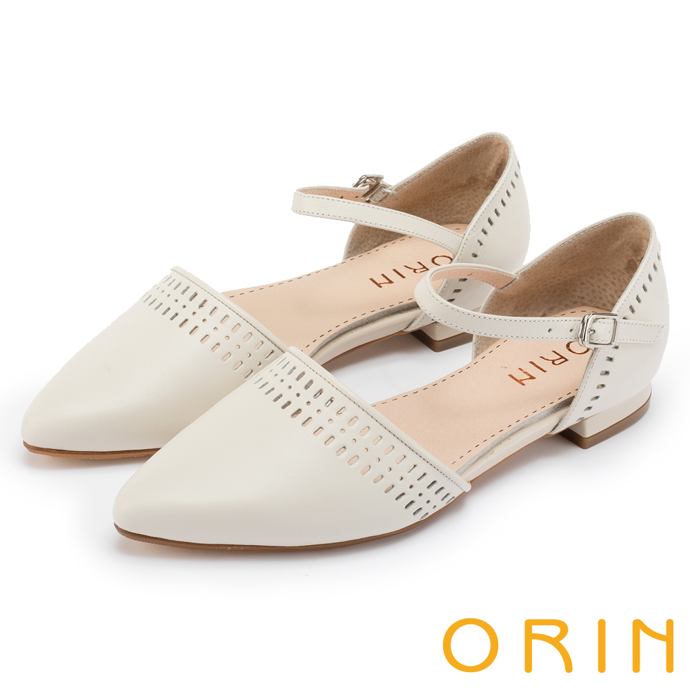 ORIN 優雅時尚 幾何洞洞繫踝牛皮尖頭低跟鞋-白色