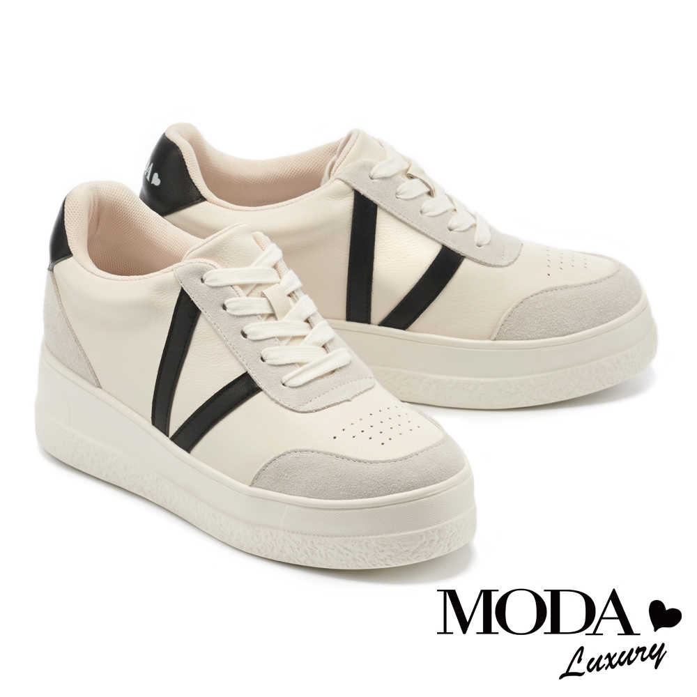 休閒鞋 MODA Luxury 活力V字造型牛皮厚底休閒鞋－白