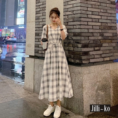 JILLI-KO V領方格繫腰連衣裙- 灰色