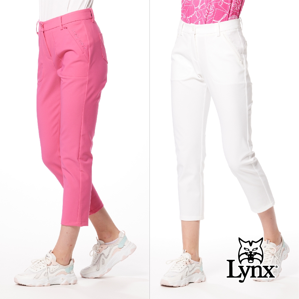 【Lynx Golf】女款彈性舒適貼袋造型後腰LOGO針織帶剪接設計隱形拉鍊口袋窄管九分褲(二色)