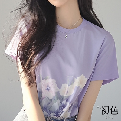 初色 休閒簡約圓領花朵印花短袖T恤上衣女上衣-紫色-33939(M-2XL可選)