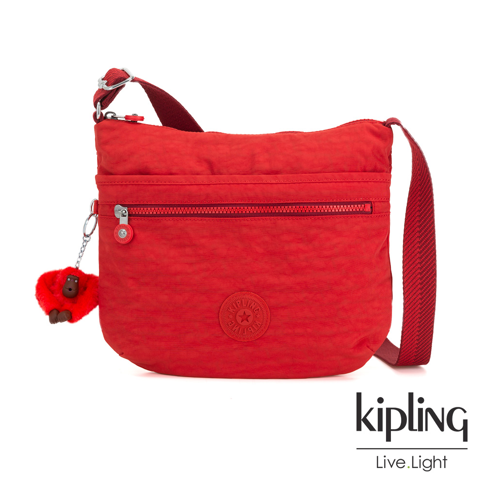 Kipling 珊瑚紅素面前拉鍊側背包-ARTO