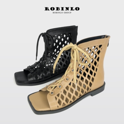 Robinlo時尚幾何鏤空羅馬綁帶魚口涼鞋 杏/黑