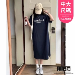 JILLI-KO 美式簡約印花寬鬆大碼開衩T恤連衣裙中大碼- 深藍/灰