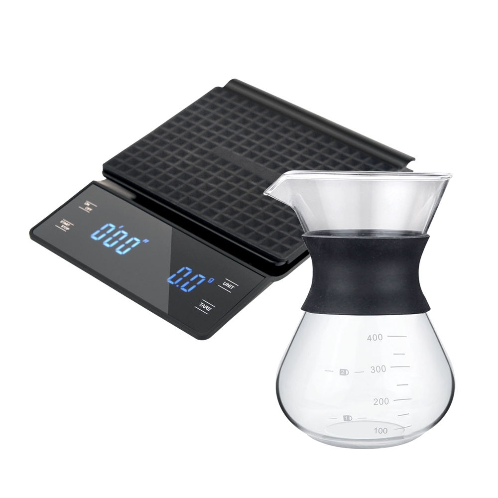 CoFeel 凱飛玻璃濾杯咖啡壺400ml+咖啡電子計時秤3公斤