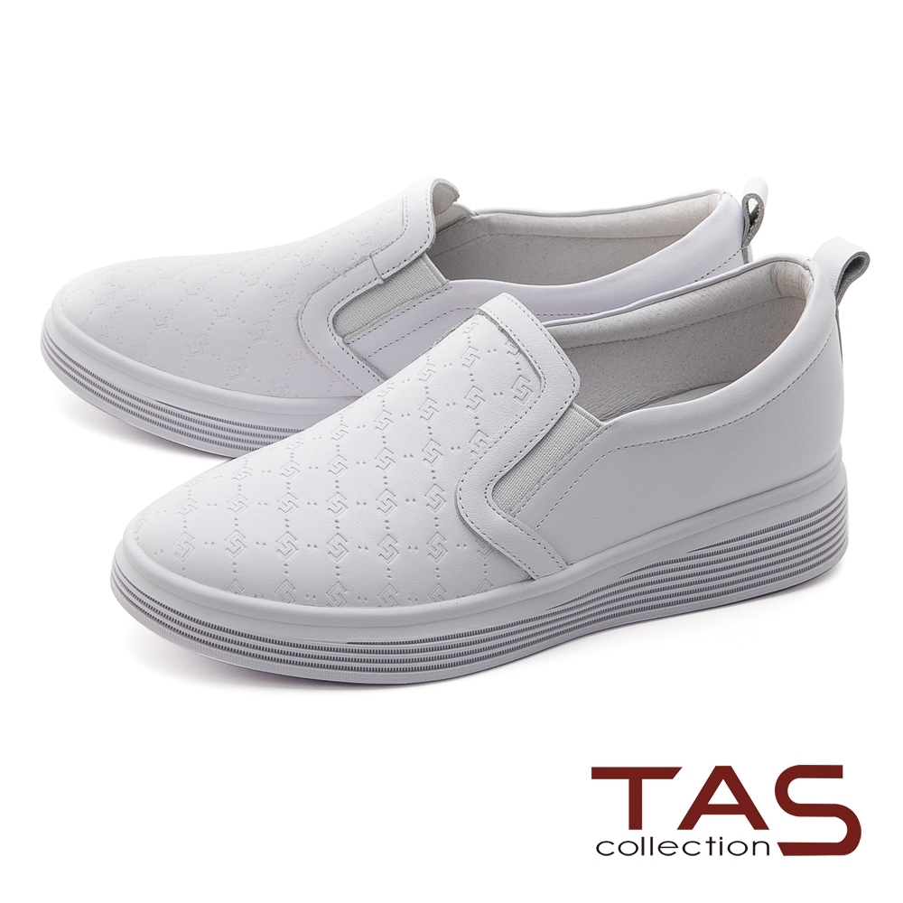 TAS異材質拼接壓紋牛皮休閒鞋-簡約白
