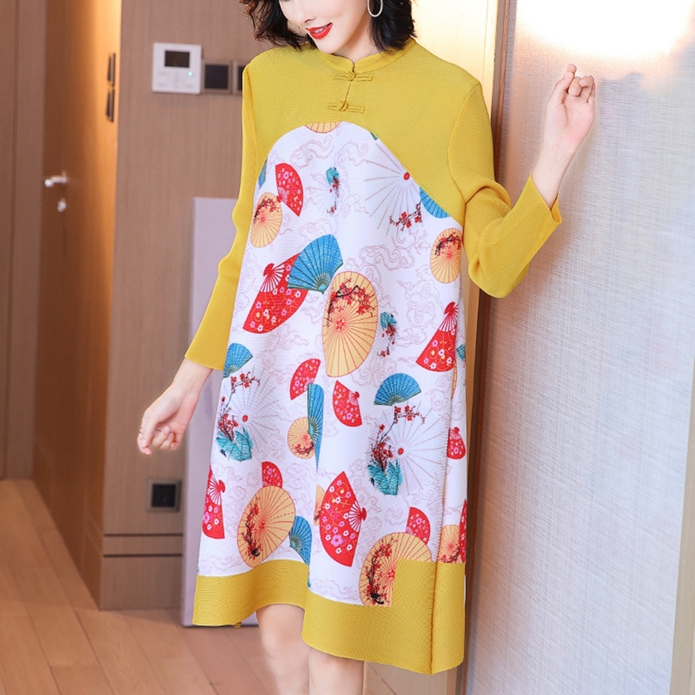 中國黃色拼接印花旗袍壓褶洋裝-F-糖潮