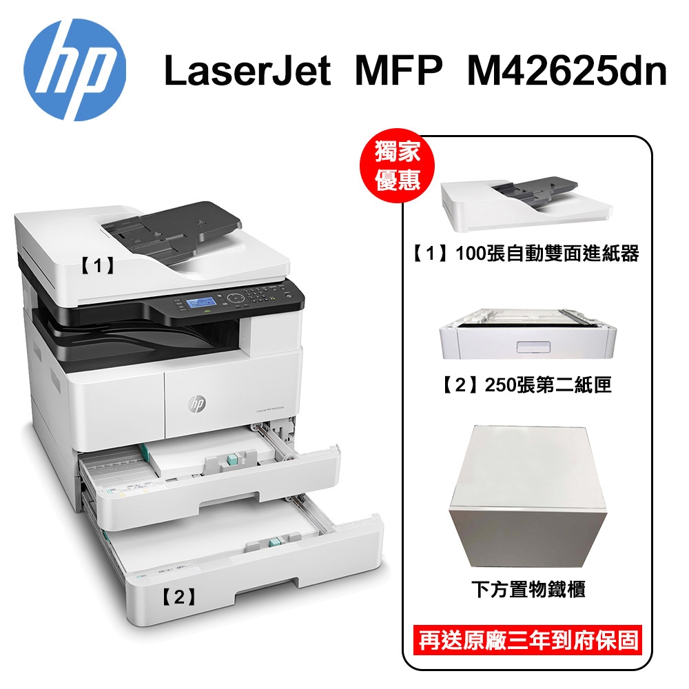 【HP 惠普】MFP M42625dn A3商用 黑白雷射多功能事務機+第二紙匣+ADF連續進紙器(專人到府安裝+三年保固)