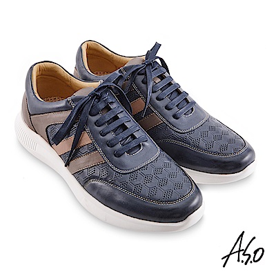 A.S.O機能休閒 3D超動能幾何壓紋綁帶休閒鞋-深藍