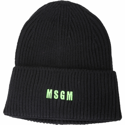 MSGM 螢光綠刺繡字母反褶粗針織毛帽(黑色)