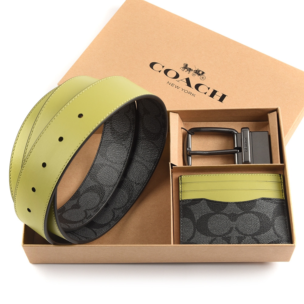 COACH 經典滿版C紋PVC防水皮革雙面用男款皮帶+ID證件夾禮盒-黑灰/萊姆綠色